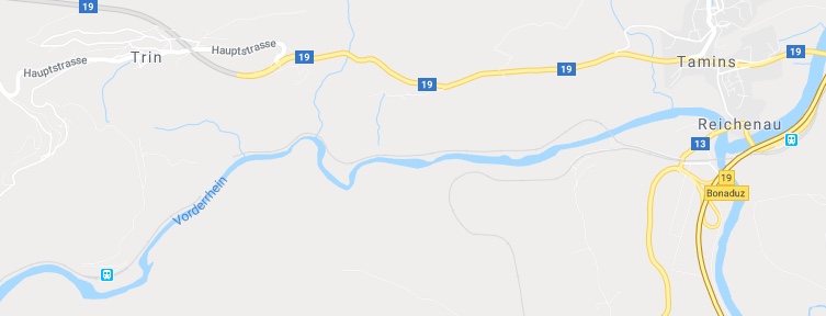 From Trin station in the valley (village up on the hill) to Reichenau - railway follows the river.